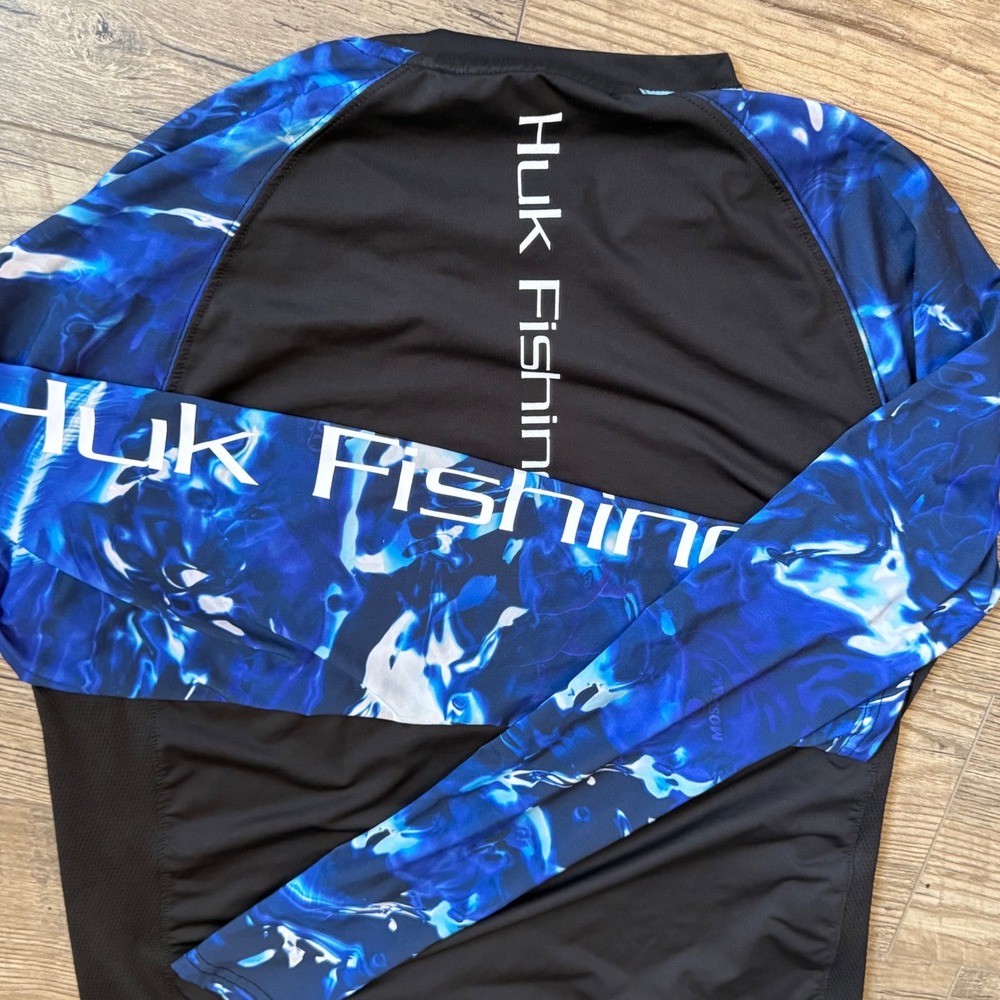 Huk Performance Fishing Shirt Mens Small Black Blue Camo Raglan Long Sleeve Mesh - Picture 6 of 6